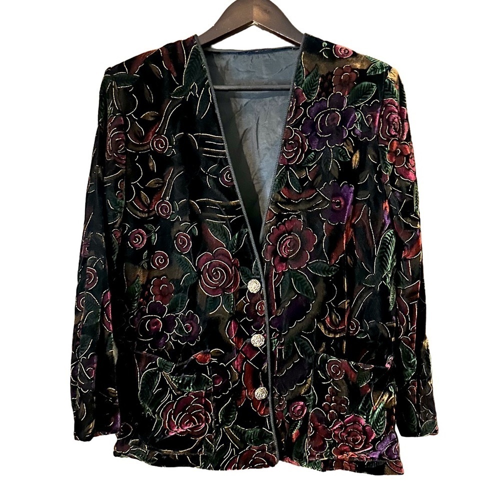 Vintage Floral Velvet Womens Detail Button Blazer Pockets Lined Dark Academia 10